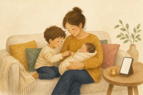 Geschichte für das große Geschwisterkind: Kind sitzt neben Mama und dem neuen Baby