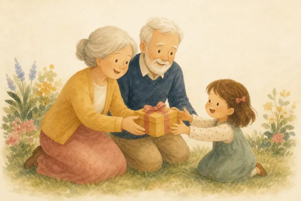 Geschenk von Oma und Opa: Großeltern überreichen ihrem Enkelkind ein Geschenk