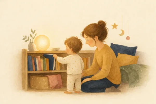 Einschlafritual: Kleinkind im Schlafanzug sucht mit Mama ein Buch aus