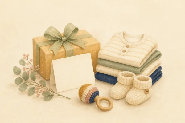 Geschenke zur Geburt auf einem Tisch: Babykleidung, Strickspielzeug und eine Karte
