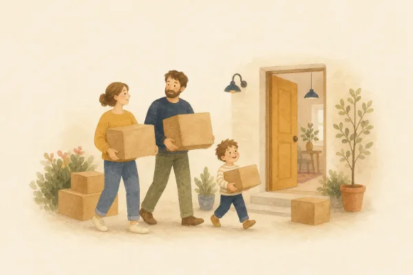 Familie trägt Umzugskartons ins neue Zuhause, das Kind trägt einen kleinen Karton