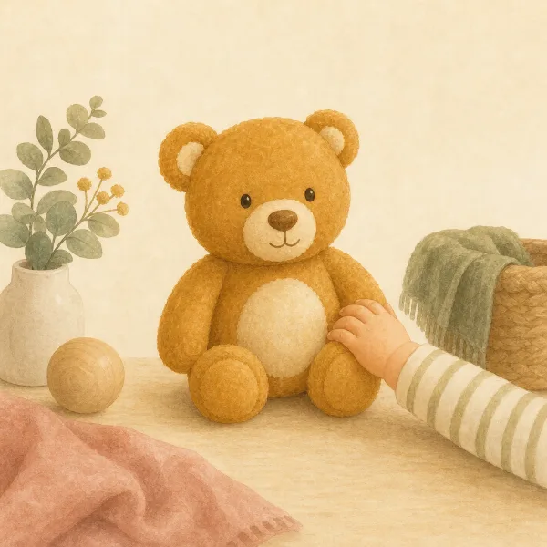 Plüschbär neben einer Kinderhand zum Größenvergleich