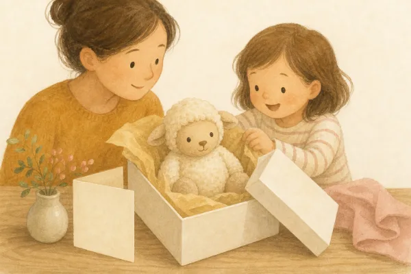 Geöffnete Geschenkverpackung mit dem Plüschschaf