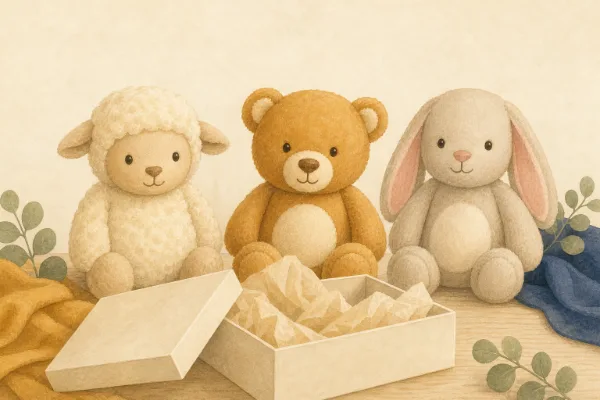 Plüschtiere Schaf, Bär und Hase mit Geschenkbox