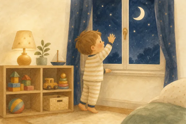 Paul sagt Gute Nacht: Junge winkt abends dem Mond zu