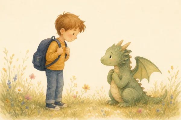 Ben und der freundliche Drache: Junge mit Schulranzen trifft einen kleinen Drachen