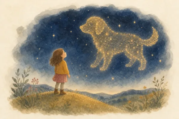Lea und der Sternenhund: Mädchen mit einem Hund aus Sternen am Nachthimmel