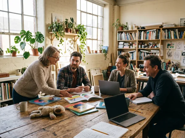Das Team bei der Arbeit an Geschichten und Büchern