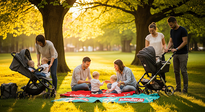 Mehrere Familien mit Kindern verschiedenen Alters treffen sich im sonnigen Park zum gemeinsamen Austausch und gegenseitiger Unterstützung
