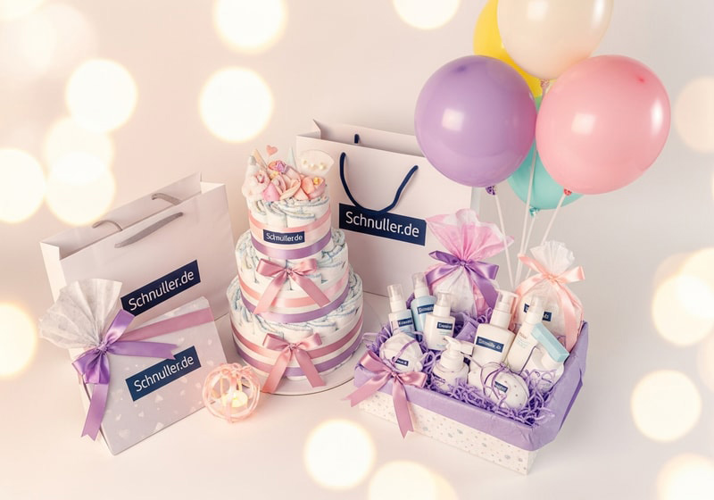 Wunderschön dekorierte Babyparty-Geschenke mit Windeltorte und Geschenkkörben