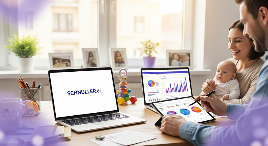 Moderne Büroumgebung mit Schnuller.de Analytics Dashboard zeigt Statistiken und Erfolgsmetriken des Baby-Geschenkshops