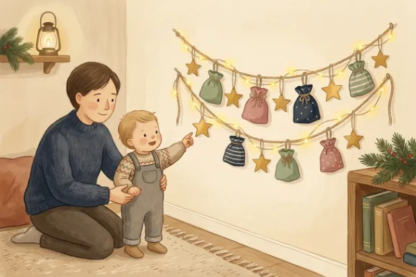 Kleinkind und Elternteil vor einem selbst gestalteten Adventskalender mit Päckchen und Sternen zum ersten Advent.