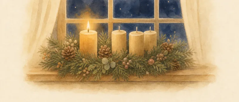 Erster Advent mit Kindern: Adventskranz mit einer brennenden Kerze auf dem Fensterbrett