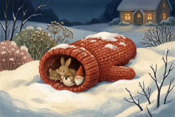 Kleine Maus kuschelt mit Hase, Spatz und Wichtel in einem roten Wollhandschuh im Schnee