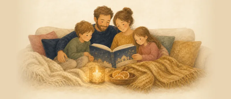 Adventsgeschichten: Kerzenlicht und aufgeschlagenes Geschichtenbuch auf dem Sofa