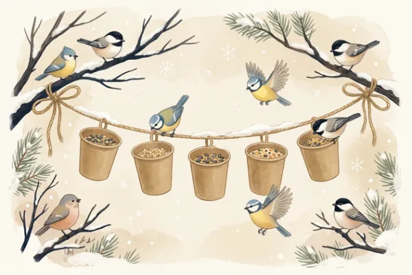 Selbst gebauter Adventskalender aus kleinen Pappbechern mit Körnern für die Vögel an einer Schnur