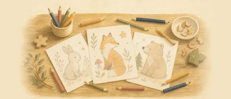 Ausmalbilder für Kinder: Buntstifte und ein halb ausgemaltes Tiermotiv auf einem Holztisch
