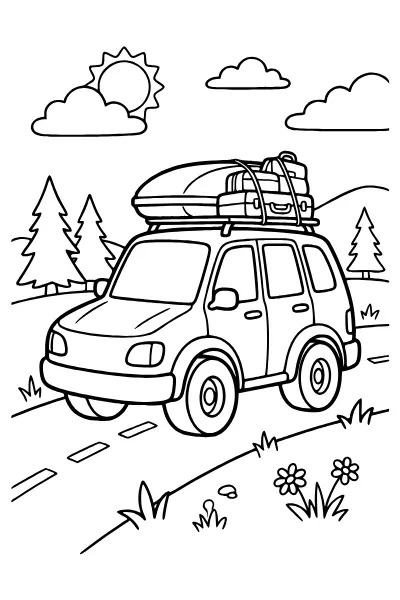 Auto mit Dachbox und Urlaubsgepäck – Ausmalbilder Auto zum Ausdrucken