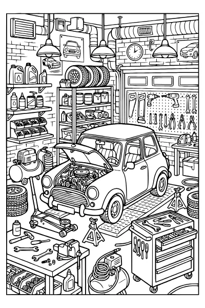 Auto in der Werkstatt mit Werkzeug – Ausmalbilder Auto zum Ausdrucken