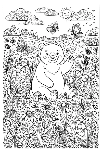 Bär auf der Blumenwiese – feines Ausmalbild für Grundschulkinder