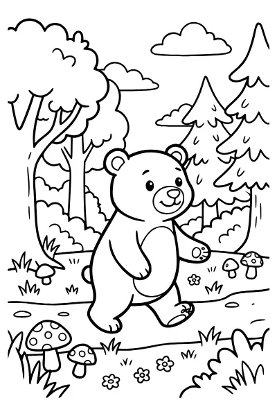 Braunbär im Wald als Ausmalbild für Kinder ab 5 Jahren
