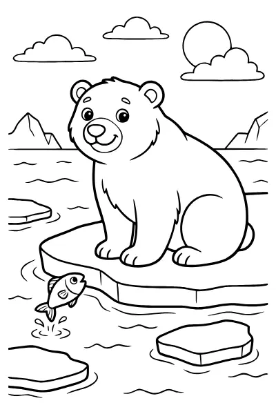 Ausmalbilder Bär: Eisbär am Wasser mit Fisch