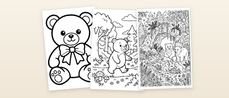 Ausmalbilder Bär: Teddybär mit Schleife, Braunbär im Wald und Bärenfamilie in der Höhle