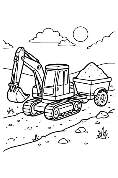 Bagger zieht einen Anhänger mit Sand – Ausmalbilder Bagger zum Ausdrucken