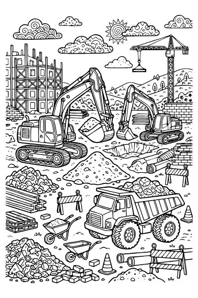Baustelle mit zwei Baggern als Ausmalbild – Ausmalbilder Bagger zum Ausdrucken