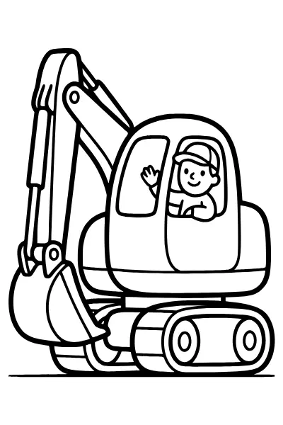 Bagger mit Fahrer im Führerhaus als Ausmalbild – Ausmalbilder Bagger zum Ausdrucken