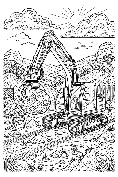 Bagger mit Greifarm hebt einen Stein – Ausmalbilder Bagger zum Ausdrucken
