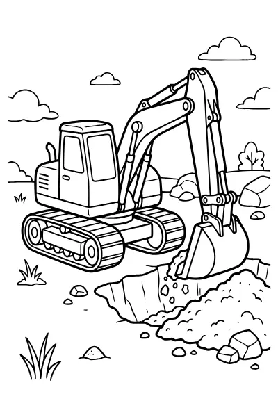 Bagger gräbt eine Grube – Ausmalbilder Bagger zum Ausdrucken