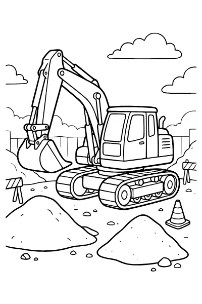 Kettenbagger auf der Baustelle als Ausmalbild – Ausmalbilder Bagger zum Ausdrucken