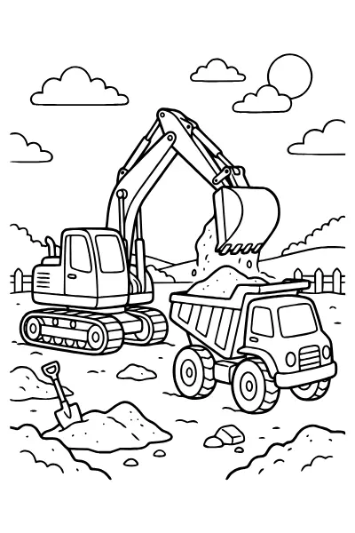 Bagger lädt Sand in den Kipplaster – Ausmalbilder Bagger zum Ausdrucken