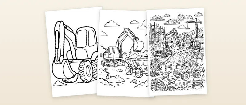 Ausmalbilder Bagger: Schaufelbagger mit großen Rädern, Bagger lädt Sand in den Kipplaster und Baustelle mit zwei Baggern