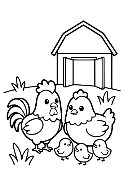 Hühnerfamilie auf dem Hof – Ausmalbilder Bauernhof für Kinder