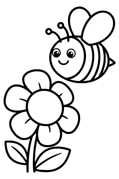 Ausmalbilder Biene: Biene fliegt zu einer Blüte als PDF