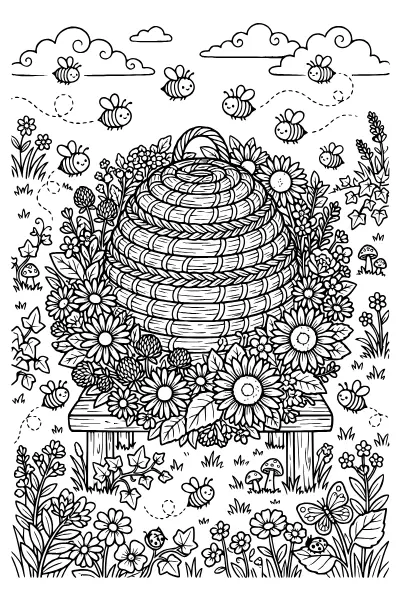 Ausmalbilder Biene: Bienenkorb mit Blütenkranz zum Ausdrucken
