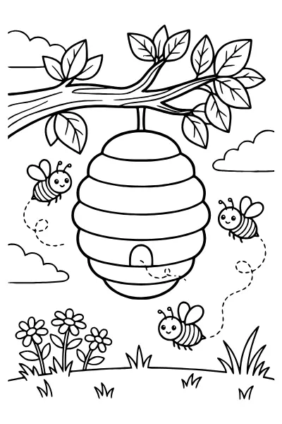 Ausmalbilder Biene: Bienenstock mit drei Bienen als Malvorlage