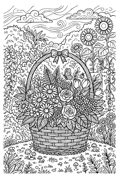 Blumenkorb mit vielen Blüten: anspruchsvolle Ausmalbilder Blumen