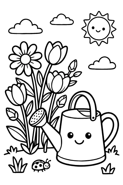 Gießkanne mit Blüten: Ausmalbilder Blumen mit mittlerem Detailgrad