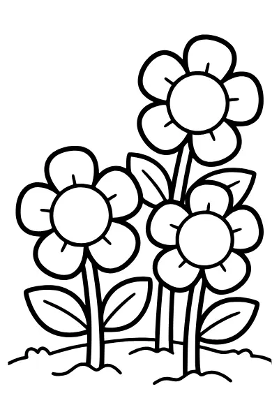 Kleine Wiese mit drei Blüten: Ausmalbilder Blumen für Kinder ab 2 Jahren