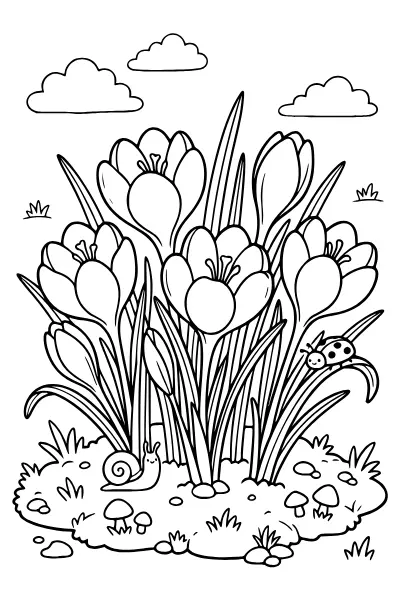 Krokusgruppe im Beet: Ausmalbilder Blumen für den Frühling