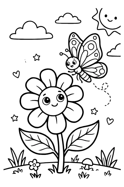Blume mit Schmetterling: Ausmalbilder Blumen für Kinder von 5 bis 7 Jahren