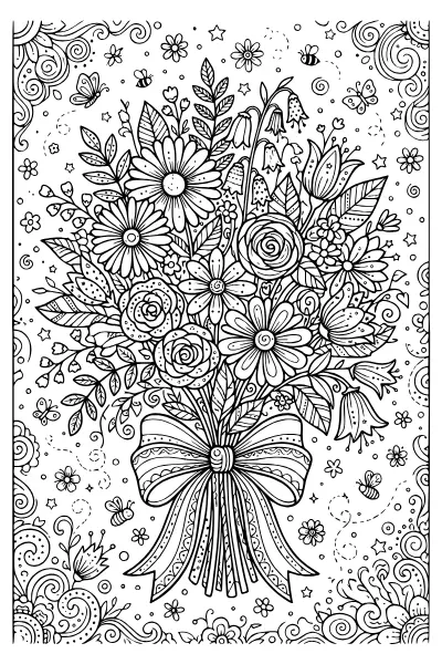 Strauß mit Schleife: Ausmalbilder Blumen mit feinen Mustern