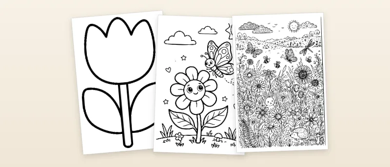 Ausmalbilder Blumen: Einfache Tulpe, Blume mit Schmetterling und Blumenwiese mit Gräsern