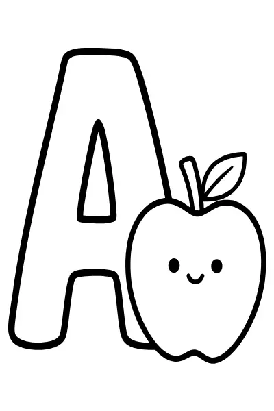 Ausmalbilder Buchstaben: großer Buchstabe A mit einem Apfel zum Ausmalen