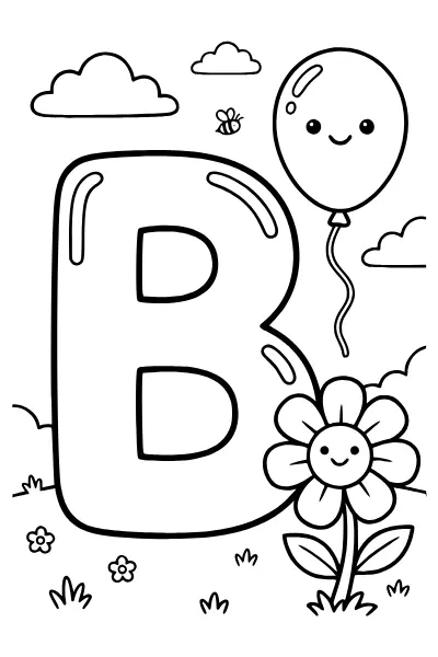 Ausmalbilder Buchstaben: Buchstabe B mit Ballon und Blume zum Ausmalen
