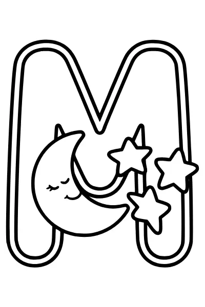 Ausmalbilder Buchstaben: Buchstabe M mit Mond und Sternen zum Ausmalen