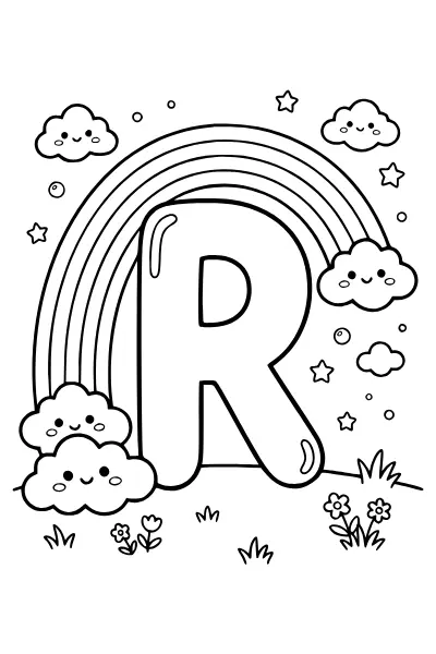 Ausmalbilder Buchstaben: Buchstabe R mit Regenbogen zum Ausmalen